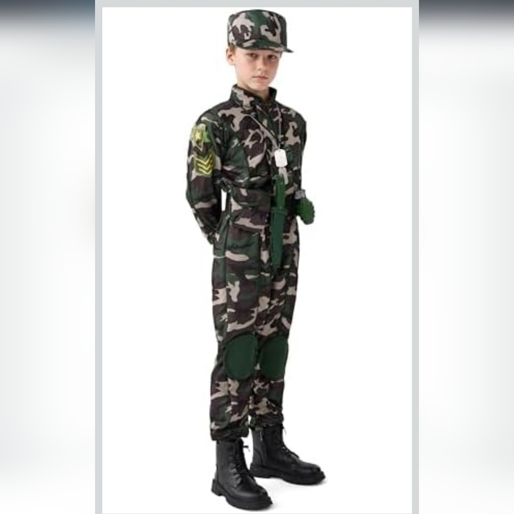 Kids Army Soldier Costume Large 10-12 Camo Trooper Halloween Dress Up Set - Picture 4 of 8